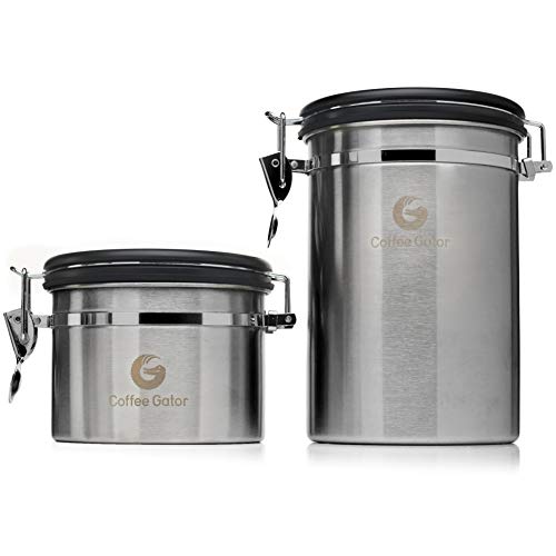 Coffee Canister Duo - Coffee Gator Stainless Steel Coffee Container - Fresher Beans and Grounds for Longer - Date-Tracker, CO2-Release Valve and Measuring Scoop - Large & Small, Silver