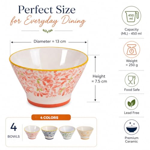 Image of Ceramic Bowl Set of 4, 450 ML - Microwave Safe Dinnerware, BPA & Lead-Free Serving Bowls, Chip Resistant Floral Bowls for Snacks, Rice, Elegant Kitchenware for Dining, Serving & Gifting