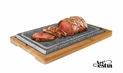 Artestia Mega Size Cooking Stone Sizzling Hot Stone Set with Stainless Steel Tray and Bamboo Platter, Deluxe Tabletop Barbecue/BBQ/Hibachi/Steak Grill (Deluxe Set with Mega Stone)