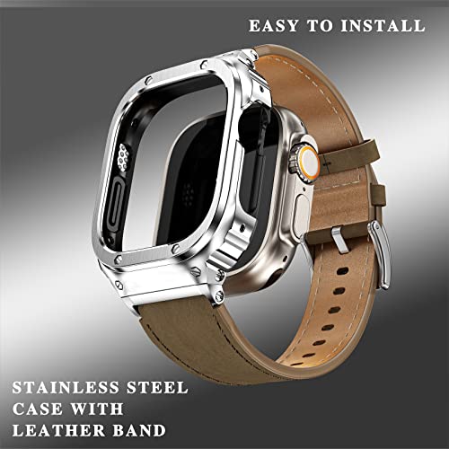 Suplink Metal Case with Leather Watch Strap Compatible Apple Watch Straps 49mm,Stainless Steel Rugged Protector Cover Bumper Genuine Leather Band for iWatch Ultra 2/1(Brown/Silver,49mm) - Image 4