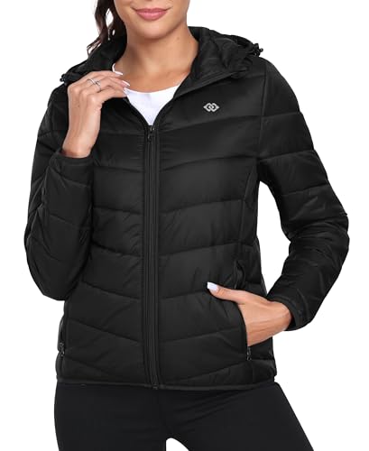 MoFiz Chaqueta acolchada con capucha para mujer, ligera, acolchada, 4 bolsillos, cremallera completa, ropa de abrigo cálida para invierno, Negro, Large
