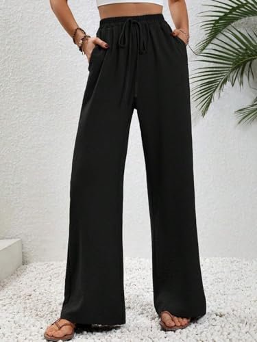 Wide Leg Pants for Women Elastic Waist Drawstring Palazzo Pants Lounge Pants with Pockets Loose Straight Leg Trousers3