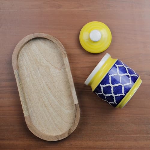 Image of The Earth Store Yellow Blue Moroccan Ceramic Jar with Wooden Tray | 600ml Each | Pickle Jar | Kitchen Storage Container Set for Pickle, Cookies, Sugar, Tea, Coffee - 2 Jars & 1 Tray Combo Set