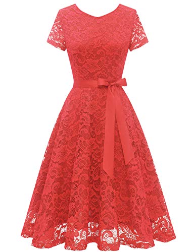 bridesmay Damen 50S Retro Spitzenkleid Kurzarm Elegant Brautjungfernkleid Abendkleider Coral M
