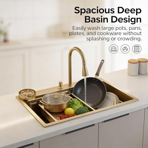 Image of Wallace 304 Grade Gold Single Bowl Multifunction Kitchen Sink 30 x 18 x 10 Inch | Stainless Steel Workstation Sink with Integrated Waterfall Cup Washer Drain Basket RO Tap & Pull Down Faucet