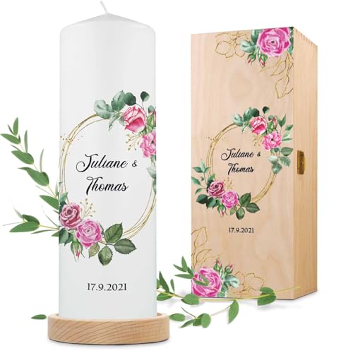 GRAVURZEILE Bedruckte Kerze - Pink Rose Design - Personalisiert mit Namen, Datum & Wunschtext - Geschenk für Paare zur Hochzeit zum Valentinstag - Hochwertige Stumpenkerze Weiß 250/80 mm