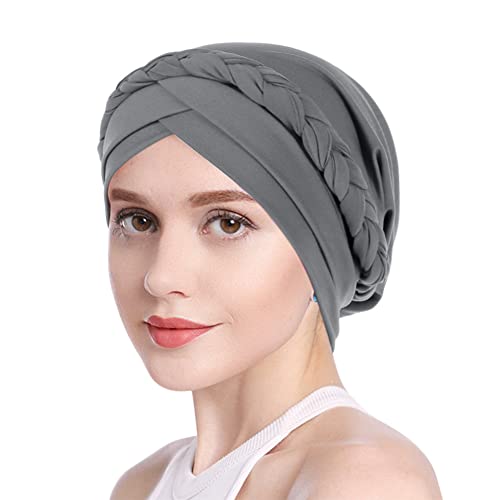 Women Cotton Chemo Turban Cap Braid Head Wrap Sleep Cap Slouchy Hair Loss Beanie Cap Soft Stretchy India Muslim Hijab Scarf Hat for Cancer Chemo Hair Loss (Grey)