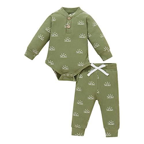 Thorn Tree 2Pcs Newborn Baby Boys Clothes Set Sun Print Pullover Sweatershirt+Drawstring Pants Infant Toddler Outfits (Army Green Sun Print Bodysuit Set, 12-18 Months)