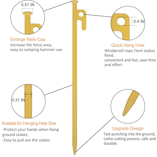 Image of 8 Pack Tent Stakes Heavy Duty 12 inch Steel Tent Pegs for Camping Unbreakable and Inflexible-Yellow