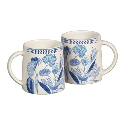 Image of Miah IndigoBloom Ceramic Cup Set - Set of 2 | 10.16 cm x 6.85 cm x 8.89 cm | Handcrafted Coffee & Tea Mugs | Microwave & Dishwasher Safe | Elegant Blue Floral Design