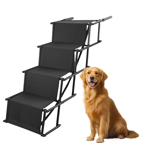 Hundetreppe –Extra Breit 4 Stufen Hunderampe Klappbar, für Große und Kleine Hunde, Stufen für Haustiere,Einstiegshilfe Hund Auto,Bis 80 KG Belastbar, Für alle Fahrzeuge Nutzbar