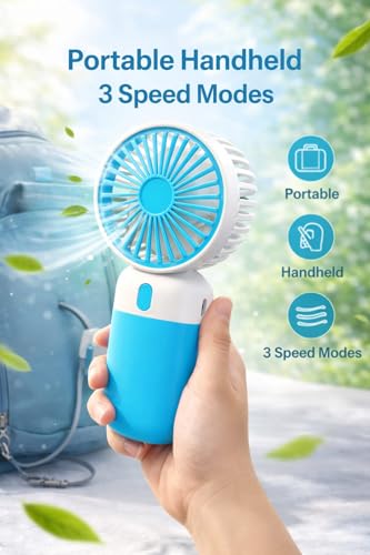 Image of Kabello Portable Hand Fan for Adults and Kids Rechargeable Handheld Fan with 3 Fan Speed Mini Fan for Travelling, Makeup and Office (Blue)