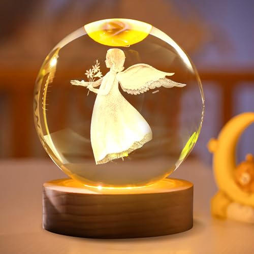 Sfera di cristallo 3D, luce notturna, decorazione natalizia, angelo luminoso, luce a LED, con base in legno, regalo di Natale per ragazzi e ragazze (C)