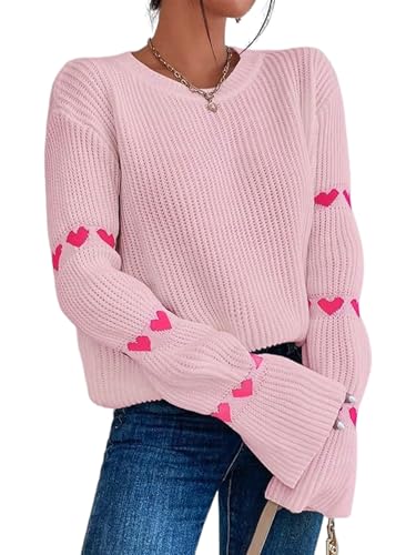 VAGIFOD Women's Casual Heart Cute Sweater Round Neck Drop Shoulder Long Sleeve Knitted Pullover Sweater Top Pink Small