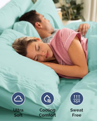 Image of Flex Top Split Head King 6 Piece Sheet Set - Soft & Cooling - Spa Blue | Ultra Soft Hotel Luxury Bedding Set w / 8-16 Inch Deep Pockets, 1 Flat & 1 Split-Head Fitted Sheet & 4 Pillowcases, Fade Free