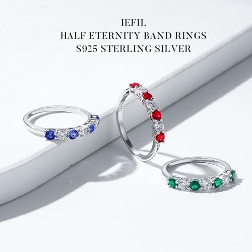 Iefil Birthstone Rings for Women - 925 Sterling Silver Half Eternity Band Rings, Created Gemstone, Birthday Anniversary Wedding Band for Women Wife, 7 Stone, Size 5 to 94