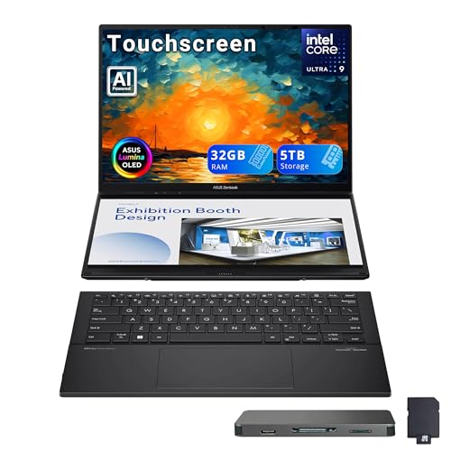 Image of ASUS Zenbook Duo AI Powered 2-in-1 Laptop, Dual 14 inch WUXGA OLED Touch Display, Intel Core Ultra 9 285H, 32GB LPDDR5X, 5TB Storage (4TB SSD+1TB Docking Station), Backlit Keyboard, Wi-Fi 7, Win11, Gray