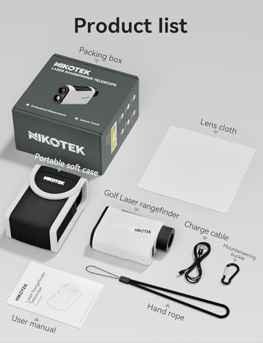 NIKOTEK Golf-Entfernungsmesser mit Neigung, 1000 m/1093 Yards, Wiederaufladbarer Entfernungsmesser, Flaggensperre, Scan-Messung für Golfer, Tragetasche