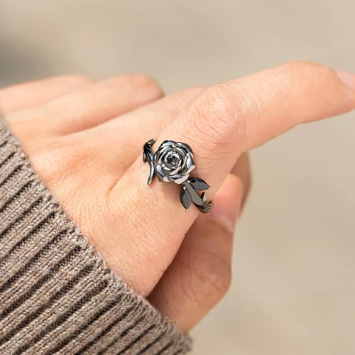 Rose Flower Ring for Women, 925 Sterling Sliver Elegant Flower Rose Black CZ Leaf Twig Rings Promise Ring for Mother 14K Gold Plated Love All Parts Of Myself Wedding Birthday Jewelry Gift4