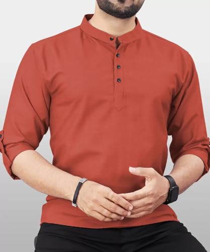 Image of DEEMOON Men's Regular Fit Solid Sprad Collar Casual Shirt with a Trendy Mandarin Collar Crafted from a Premium Cotton Blend