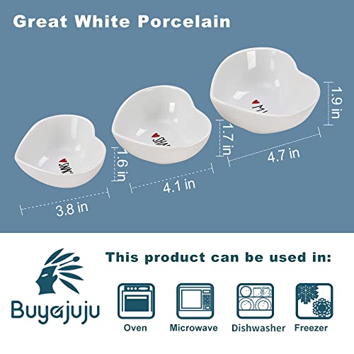 Buyajuju Set Of 3 Porcelain Heart Shaped Bowls 5 Oz/ 7.5 Oz/ 10 Oz Serving Dishes, Ceramic 3 Different Size Dishes For Dipping Sauces, Snacks, Side Dishes #TOP1