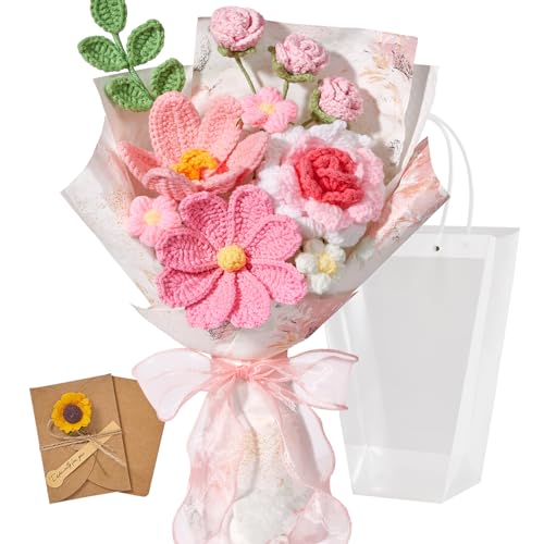 Serwalin Pink Crochet Flower Bouquet Handmade Knitted Flowers for Lover