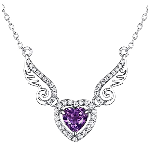 Thuscon 925 Sterling Silver Amethyst Love Heart Angel Wings Pendant Necklace Fine Jewelry Gifts for Women Girls