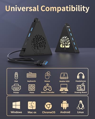 JoyReken 7-Port USB 3.0 Hub, Vertical USB Hub Splitter with RGB Tree Lighting, 5Gbps High-Speed Data Transfer and 2FT Extension Cable, Compatible with PC, MacBook, Laptop, PS5, Xbox, Flash Drive — view 6