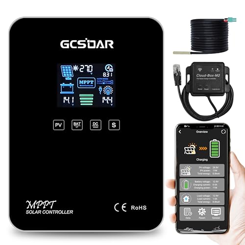 GCSOAR MPPT Regulador de carga 60 A 12 V 24 V Auto Módulo Solar Regulador Max PV 100 V Cargador Pantalla LCD con Módulo WiFi APP Control remoto y Sensor de Temperatura Cable (MPPT 60A + Cloud Box M2)