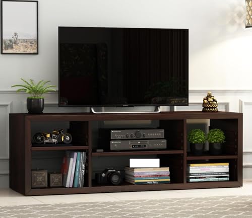 Image of Solid Sheesham Wood TV Unit with 6 Adjustable Shelves Storage - Elegant Wooden TV Unit for Living Room | Fits up to 60-inch TV - Solid Living Room Furniture (John, Walnut Finish)