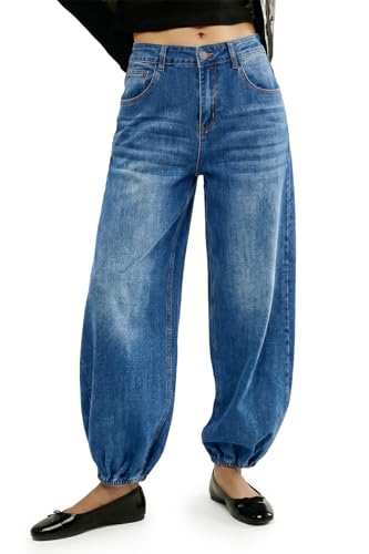 Flowyair Women Barrel Jeans High Waisted Wide Leg Baggy Harem Denim Pants Blue