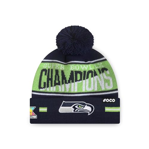 FOCO Seattle Seahawks NFL Super Bowl LX Champions Big Wordmark Stripe Pom Beanie