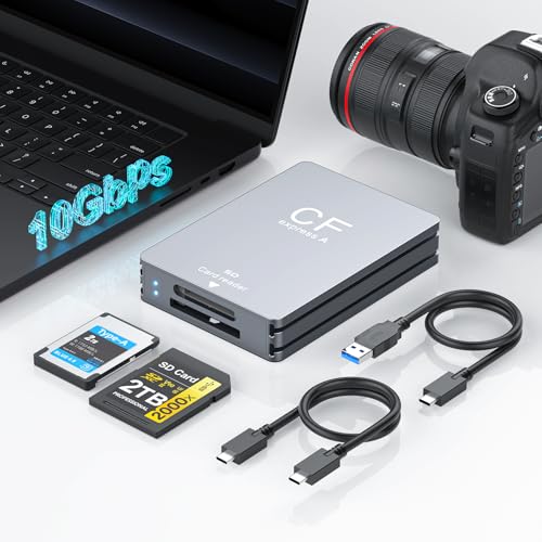 CFexpress Type A and SD 2 in 1 Memory Card Reader 10Gbps USB 3.2 Gen 2 Type A CFexpress Adapter High Speed Dual-Slot SD CFexpress Reader with USB C + USB A Cable for Windows/Mac/Linux/Android