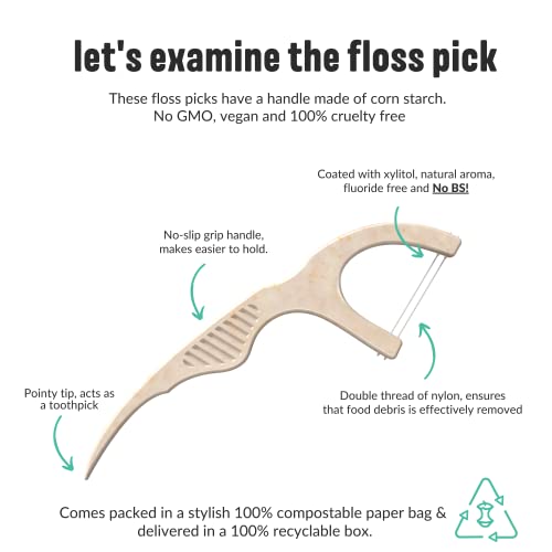 Natural Dental Floss Picks (200) - Vegan, Sustainable, Reusable Floss Sticks For Adults And Kids With Dental Pick - Plaque Remover For Teeth Cleaning - Tooth Picks Flossers - Biodegradable Floss Pick #TOP3