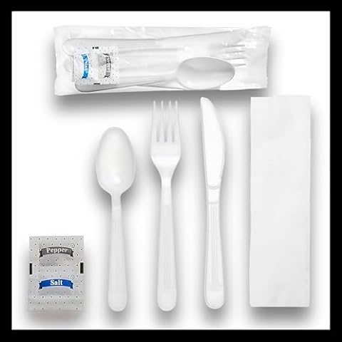 Pokanic Plastic Utensils Silverware Wrapped Combo Set Bulk Variety Pack Disposable Cutlery Party Supply Heavy Duty Forks, Spoons, Knives, Napkins, Salt and Pepper (125, White - Set A) Cover
