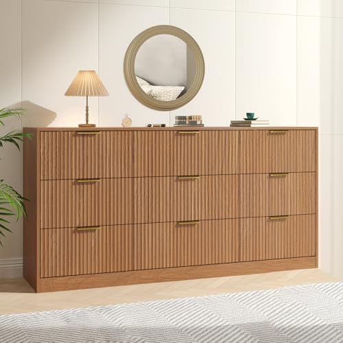 Image of Fluted Dresser for Bedroom with 9 Drawer, 63 inch Wide Wooden Dresser Mid Century Chest of Drawers with Handle, Dressers TV Stand Storage Organizer for Bedroom, Living Room, Natural Wood