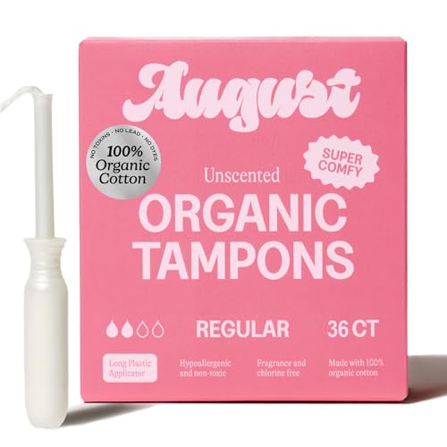August Organic Tampons, 36-Pack Regular Organic Cotton Tampons for Women