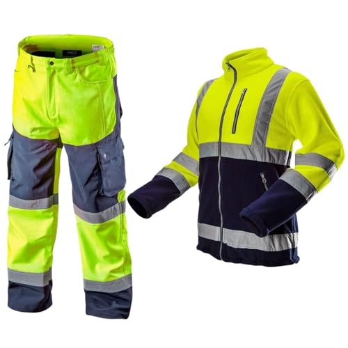 NEO TOOLS Herren Set Warnschutz-Arbeitshose + Arbeits Fleece Jacke | Hose wasserfest (Wassersäule 8000 mm) Hose aus Softshell mit Fleece-Innenfutter, Orange/Gelb, S-2XL
