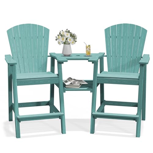PLUUV Tall Adirondack Chairs Set of 2 with Double Connecting Trays All Weather HDPE Bar Height Outdoor Chairs Outdoor Adirondack Barstools with Umbrella Hole for Balcony Patio Backyard Aruba