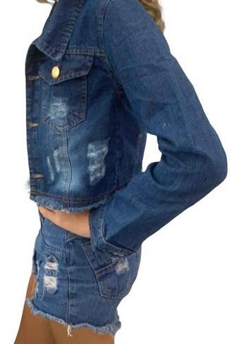 Jaqueta Curta Jeans Feminina Rasgada Botões Casaco Inverno (Jeans Longa, M)