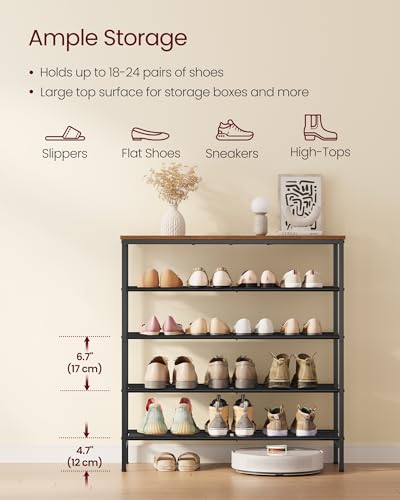 Image of VASAGLE Shoe Rack, Shoe Storage Rack for Closet, Entryway, Living Room, Free Standing Metal Organizer Shelf, 5 Tiers, 11.8 x 29.5 x 34.3 Inches, for 18-24 Pairs, Rustic Brown and Ink Black ULBS050KD01