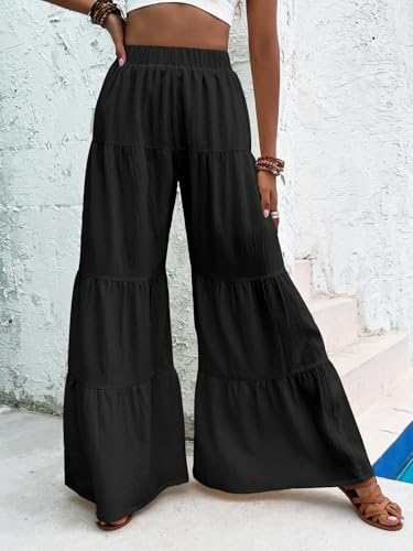 ZAFUL Women's Wide Leg Pants Boho Elastic High Waisted Flowy Palazzo Pants3