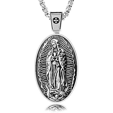 VENICEBEE® Guadalupe Our Lady Holy Virgin Mary Medal Devotional Christian Amulet Solid 925 Sterling Silver Pendant Necklace + Velvet Pouch, Polishing Cloth, Gift Box - Plata Nuestra Señora Virgen Cover