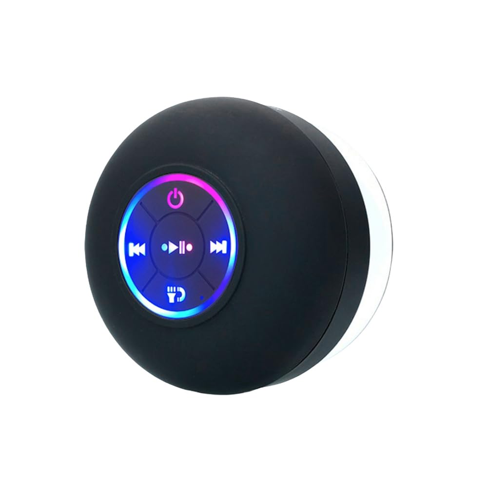 Omocatch Black Mini Bluetooth Speaker Waterproof With Led Light, Suction Cup Mic, Loud Stereo Sound For Shower, Bathroom, Pool, Beach