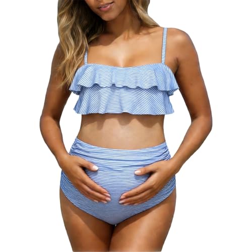 Generisch Bikini premamá de dos piezas con cintura alta patrón de rayas para piscina como cómodo traje de baño para mujeres embarazadas, azul claro, XL