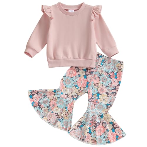 Image of Mubineo Toddler Baby Girl Clothes Cute Outfits Long Sleeve Sweatshirt Tops Floral Bell Bottom Pant Fall Winter Outfit (Pink Flower, 12-18 Months)