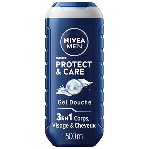 NIVEA MEN Gel douche 3-en-1 Protect & Care (1 x 500 ml), Gel douche homme à l’aloe vera, Soin...