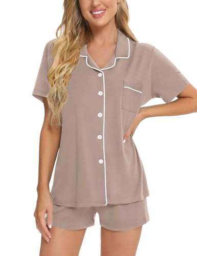 Image of SWOMOG Womens Button Down Pajamas Set Short Sleeve Sleepwear Bride Soft Pj Lounge Sets XS-3XL