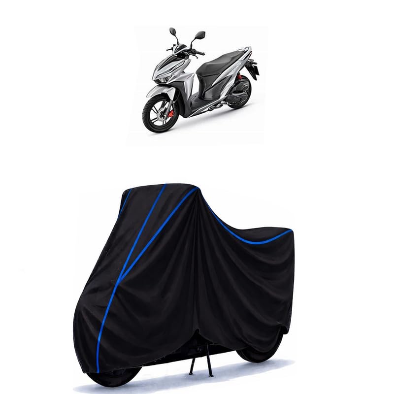 Image of Scooty Cover Water Resistant for Click 150 Drum | Universal Scooter & Bike Cover | Heavy Duty UV Dust, Rain & Scratch Protection | Elastic Fit All Weather Indoor Outdoor | Black with Blue Piping
