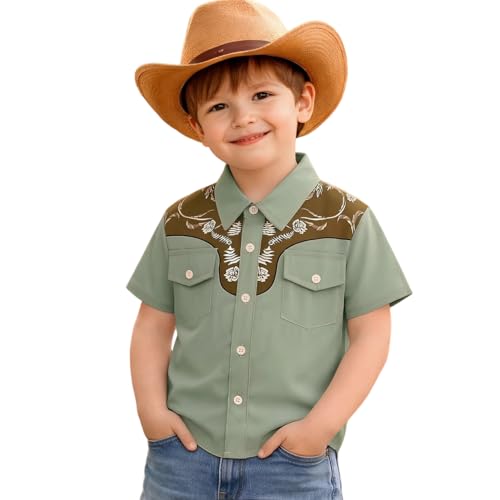 KEKEMI Kid Toddler Boys Cowboy Shirts Western Retro Button-Down Shirt Rodeo Party Farm Country Tops with Two Pockets Clothes(Green-1 4T)